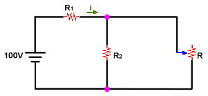 Circuit diagram with a variable resistor R, resistors R1 and R2, and a 100V power source.