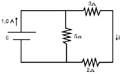 Circuito elétrico com resistores de 3Ω, 5Ω e 2Ω em paralelo e uma fonte de tensão com corrente de 1,0 A