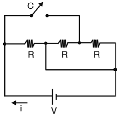 Circuito elétrico com três resistores idênticos e uma fonte de tensão ideal