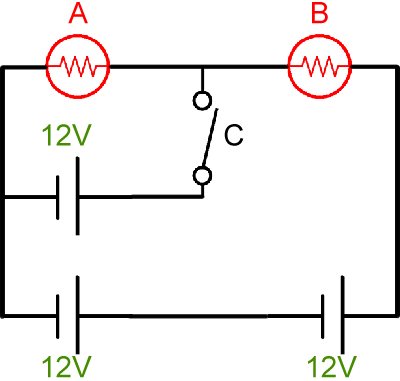 Circuito com lâmpadas A e B e chave C