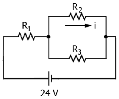 Circuito resistivo com resistores R1, R2 e R3 e uma fonte de 24V