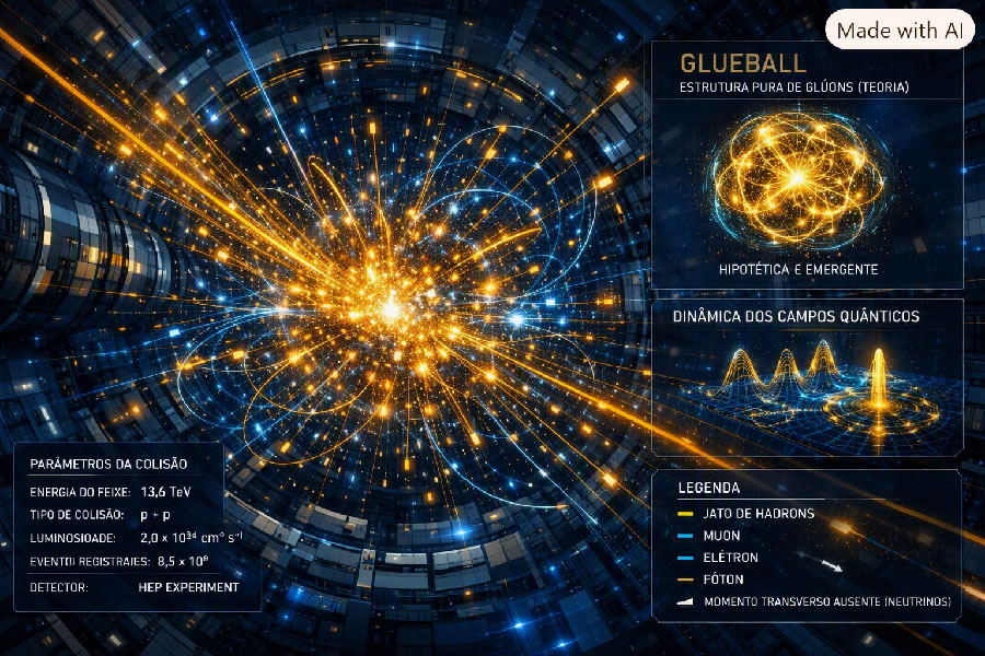 Visualização científica da colisão de partículas subatômicas e formação teórica de glueball