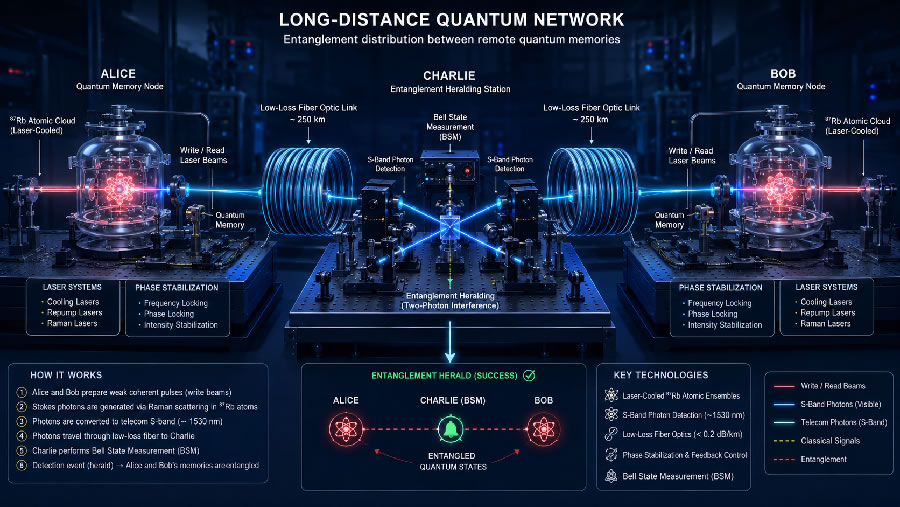 Representação conceitual de nós de memória quântica entrelaçados por fibra óptica de longa distância