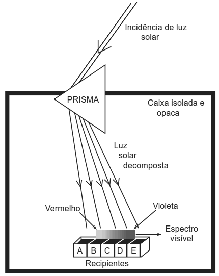 Esquema da caixa isolada com prisma decompondo a luz solar sobre os recipientes A, B, C, D e E.