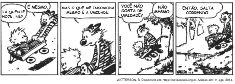 Tirinha de Calvin e Haroldo conversando sobre calor e umidade.